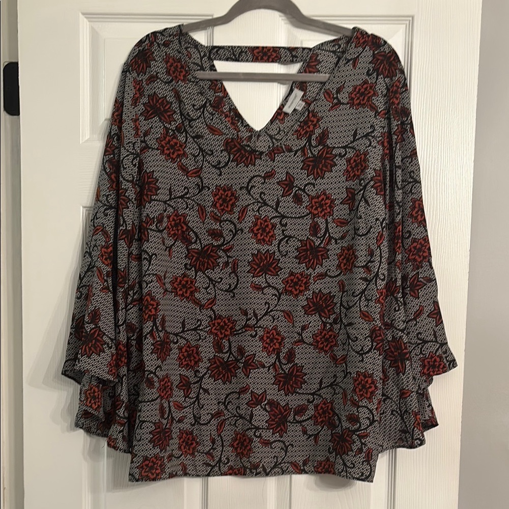 Floral V-Neck Women's Top - Burnt Orange and Black